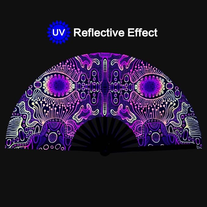 UV Glow Rave Fan, Bamboo Folding Clack Hand Fans Foldable for Men Women, Boots on the Ground Poping Fan for EDM Festival Line Dance Decoration, (Space Psychedelic, Large 13")