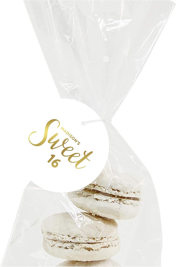 Andaz Press Personalized Round Circle Birthday Gift Tags, Metallic Gold Ink, Sweet 16 Birthday, 24-Pack, Custom Made Name, Not Gold Foil