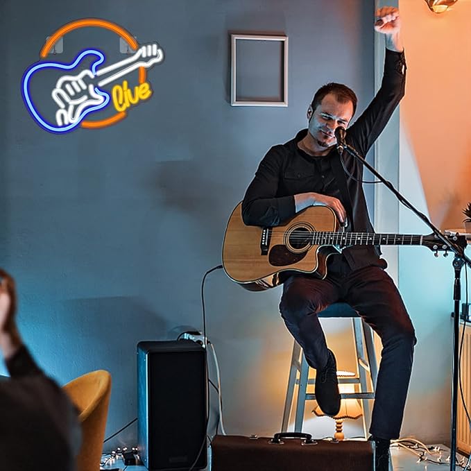 Wanxing Live Music Neon Signs Guitar Shape LED Signs Game Art LED Neon Signs for Wall Decor Studio Neon Light Signs USB Powered Switch Lights Up Sign for Party Lover Girl Boy(Colorful Guitar Live)