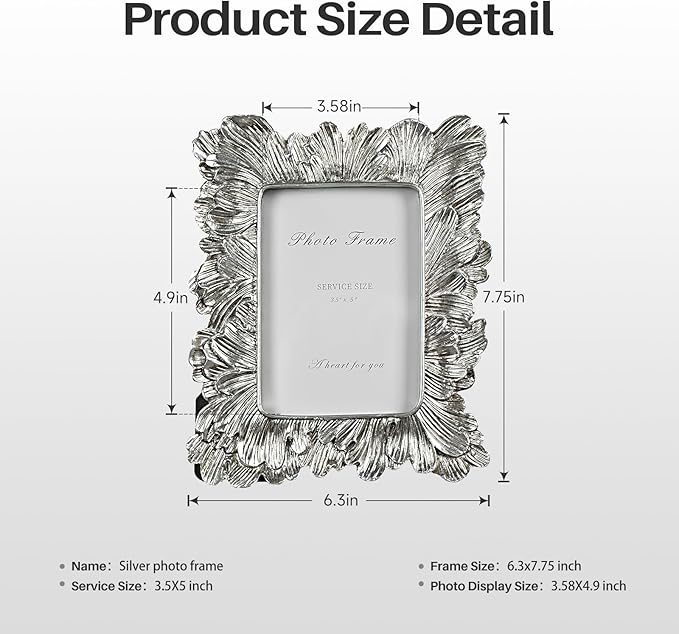 Silver 3x5 Picture Frame, Vintage Silver Palm Leaves Textured Hand-Crafted Resin with Glass Front, Small Frames Elegant Retro Rustic Design for Wall and Tabletop Display Home Decor