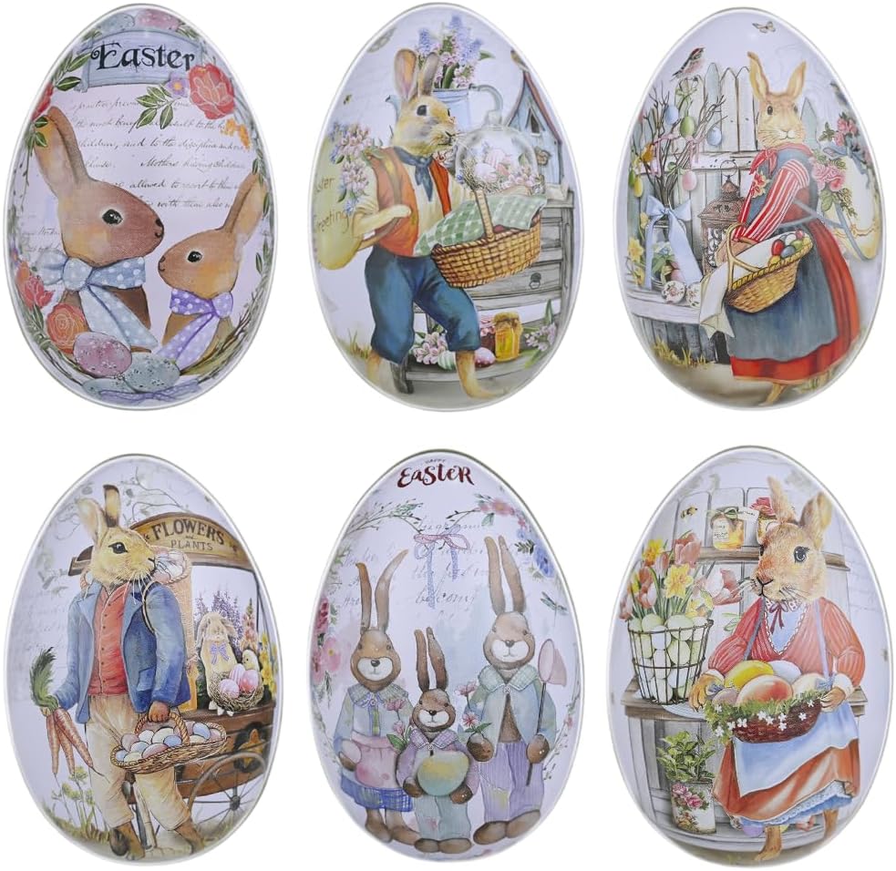Vintage Easter Egg Tin Box (Style B), Metal Rabbit Easter Egg Containers for Candy & Treats, Reusable Decorative Gift Tin