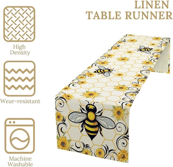 Bee Sunflower Table Runner, Farmhouse Orange Honeycomb Vintage Spring Summer Flowers Print Table Cover for Party Wedding Home Kitchen Dining Table Decor, 13x70inch