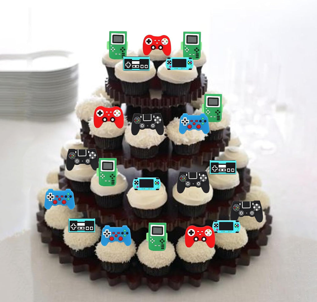 24 PCS Video Game Cupcake Rings Toppers Video Game Birthday Party Decorations Game On Controllers Cupcake Toppers for GamePad Theme Baby Shower Birthday Anniversary Party Cake Decorations Supplies