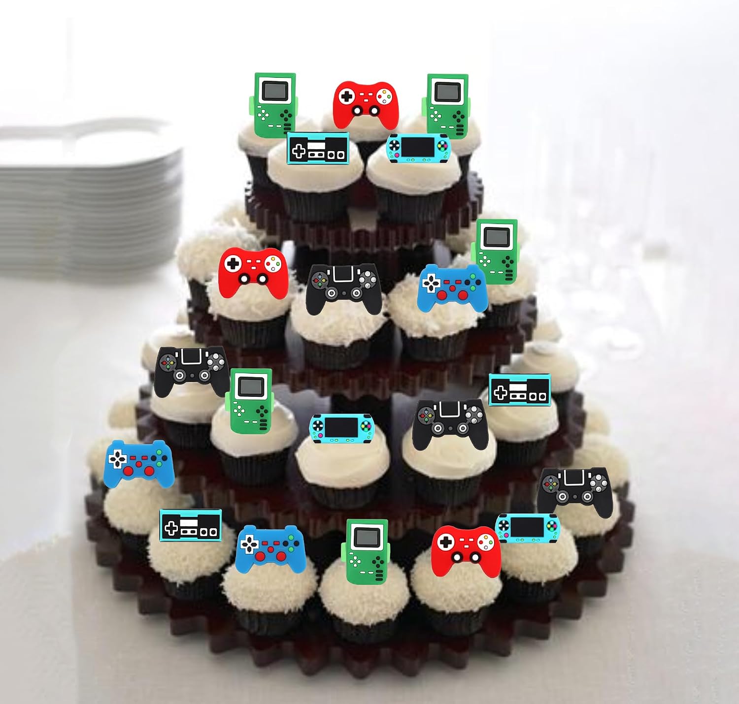 24 PCS Video Game Cupcake Rings Toppers Video Game Birthday Party Decorations Game On Controllers Cupcake Toppers for GamePad Theme Baby Shower Birthday Anniversary Party Cake Decorations Supplies