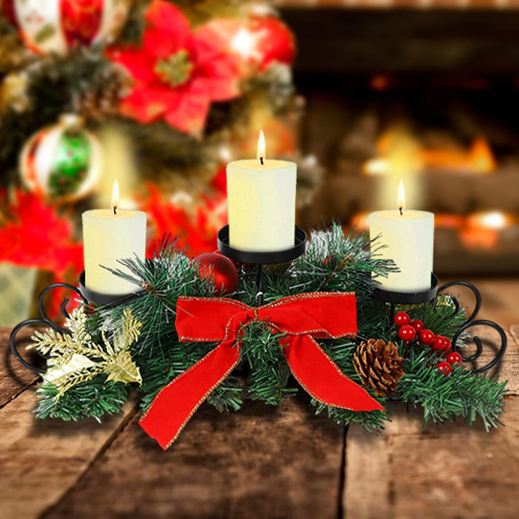 MorTime Christmas Candle Holder Centerpiece, Xmas Tabletop Decor with Red Bow Berries Pinecones, Table Centerpiece with Steel Base for Christmas Decoration