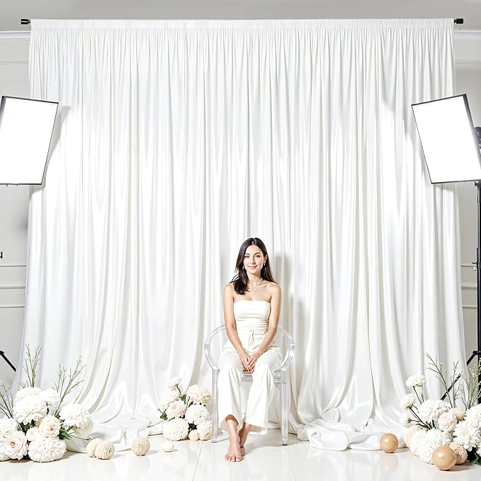 White Glitter Backdrop Curtain for Parties Wedding,10Ft x 10Ft Satin Shimmer Photo Backdrop,Non-Wrinkle Sparkle Drapes for Backdrops,Back Drop for Photography, Birthdays,Weddings,Prom
