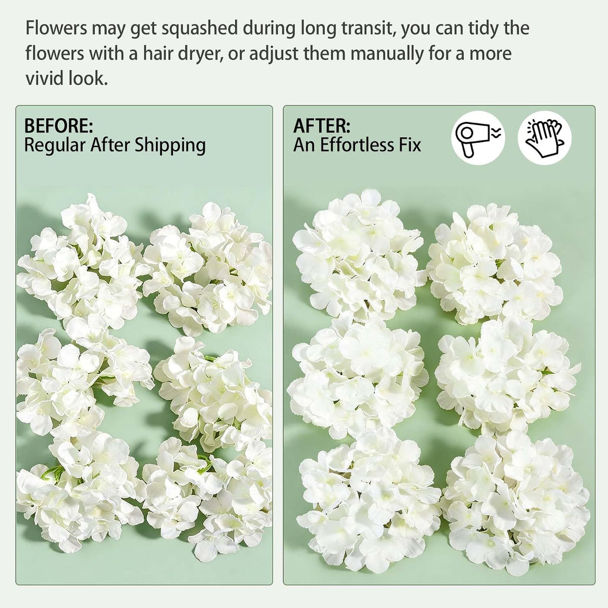 white hydrangea artificial flowers, faux hydrangea flowers, fake showing dimensions