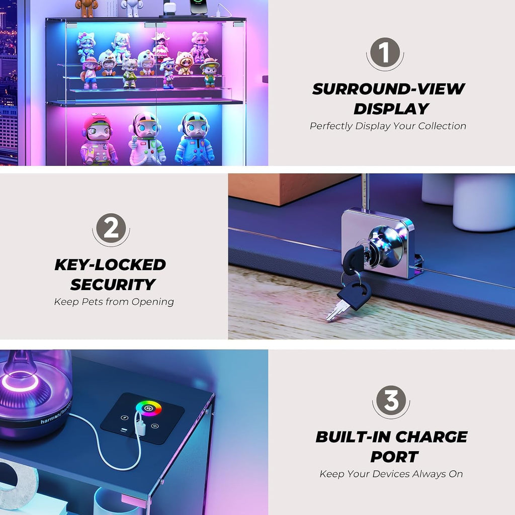 versiontech. glass display cabinet with rgb led lights on a desk or shelf