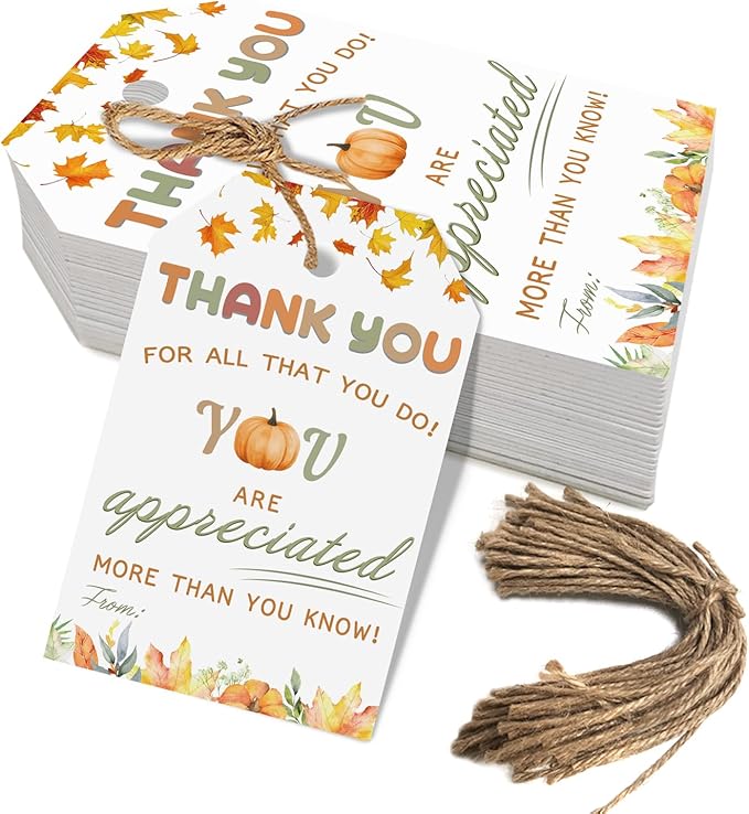 50pcs Thanksgiving Thank You Gift Tags, Friendsgiving Favor Tags with String for Teacher Staff Appreciation Favors Decoration (Appreciation)