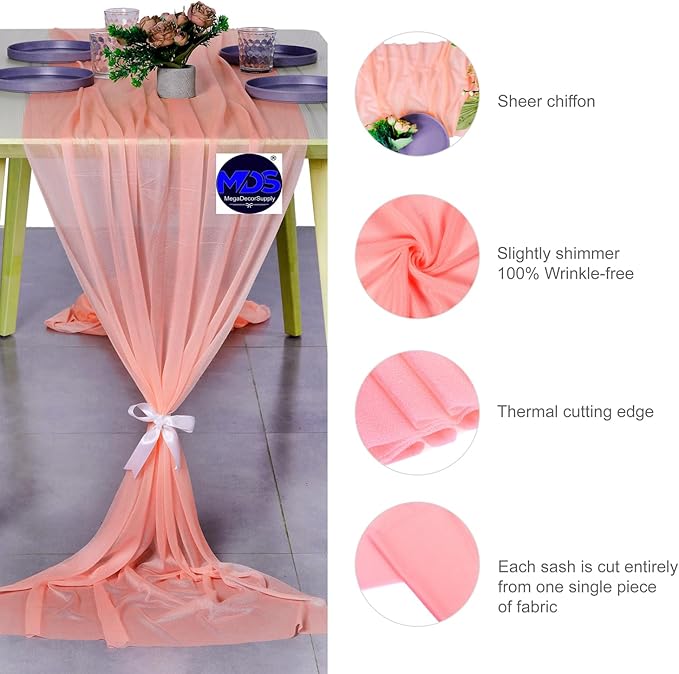 MDS 5 Pack 10ft Chiffon Table Runner 29 x 120 Inches Sheer Wedding Runner Romantic Rustic Table Runner for Wedding Decorations, Birthday Parties, Bridal Shower Party Arch Decor - Peach