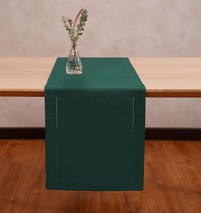 Linen Table Runner 14 x 72 Inch Long - 100% Pure Linen Christmas Green Table Runner - Cloth Fabric Hemstitch Runner for Thanksgiving, Christmas, Winter, New Year - Elara