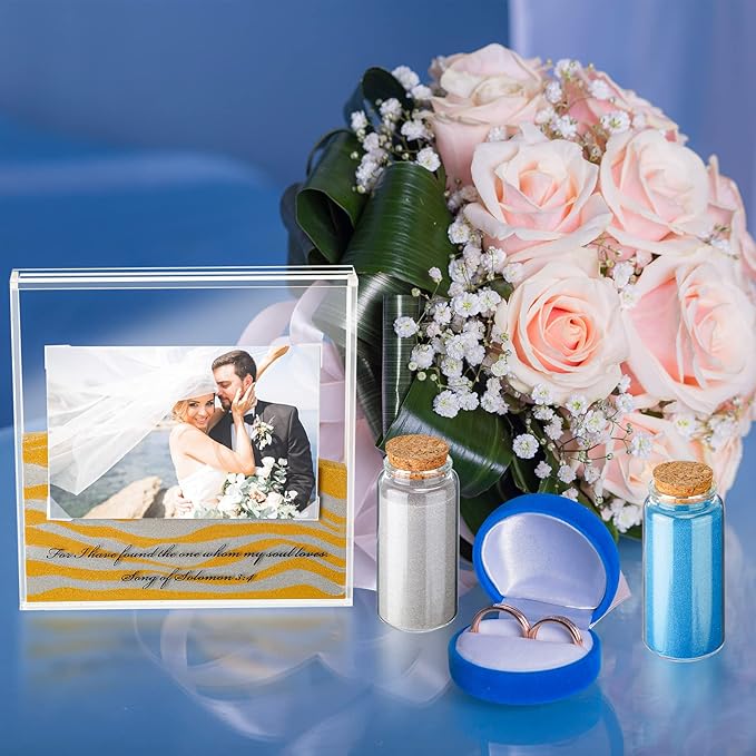 Sand Ceremony Kit for Wedding Includes Clear Acrylic Unity Sand Ceremony Photo Frame 2 Pack Photo Fixing Corner Stickers and 2 Glass Unity Holder for Wedding Home Decor(Blue, Gray)