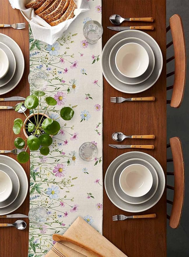 Vintage Wildflowers Cotton Linen Table Runner for Dining Kitchen, Wedding Outdoor Party Tablerunners Decoration, Farm Floral Pink Botanical Plants Dresser Scarf Coffee Tablecloth Runners 13x108 Inches