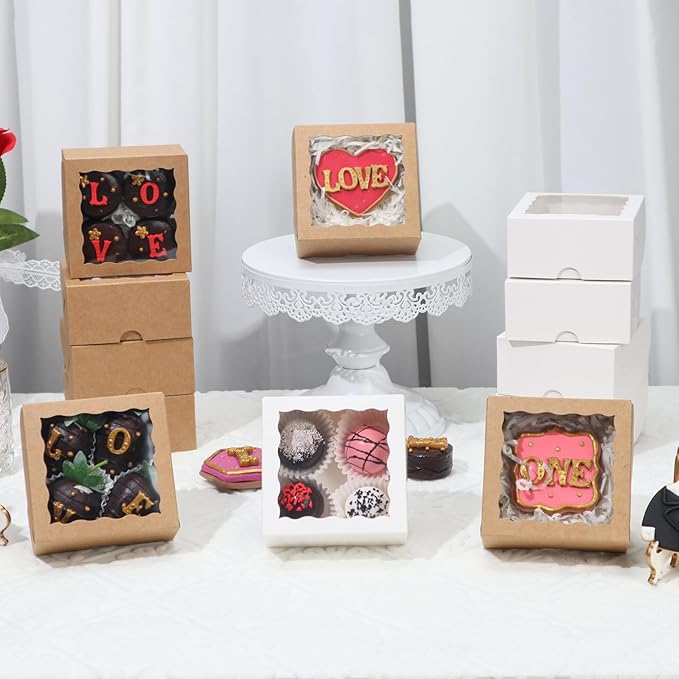 50-Count 4x4x2 Food-Safe Brown Bakery Boxes - Multi-Use Pastry & Treat Packaging for Cookies, Truffles & Wedding Favors (Stackable Gift Boxes for Cakes, Pies & Cinnamon Rolls)