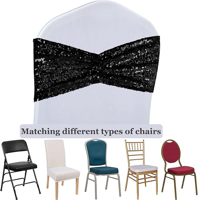 SquarePie Pack of 100 Chair Sashes Sparkly Black Sequin Bands for Wedding Party Banquet Home Decor