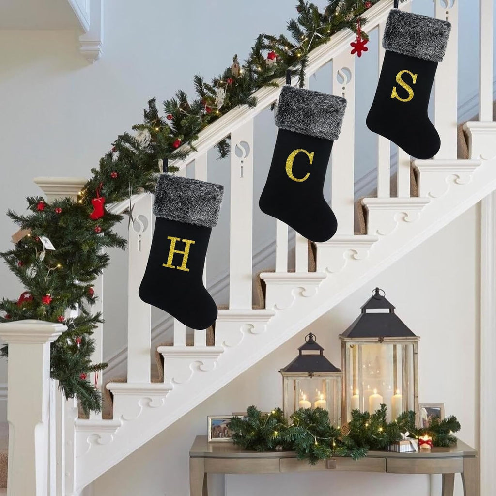 20 Inches Personalized Monogram Christmas Stocking, Deluxe Black Velvet with Faux Fur Trim, Embroidered Initial, Holiday Decor for Fireplace Mantel Gifts Letter E
