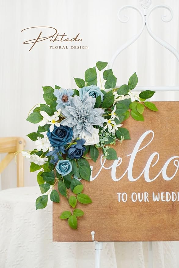Wedding decor (pack of 2) Welcome Sign Flower Backdrop Garland For Ceremony Reception Wall Easel Home Decoration Entryway Faux Outdoor Board Head Table Decor (Dusty Blue & Navy)