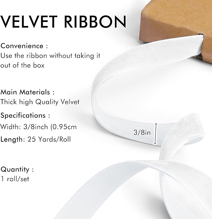 White Velvet Ribbon 3/8'' 25 Yards for Christmas Tree, Gift Wrapping, Flower Bouquet, Wreath Decorations, Bow Making