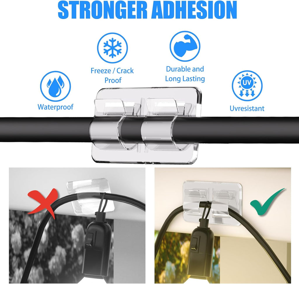 Keviyi Hooks for Outdoor String Lights Clips: 26Pcs Double Hooks for Hanging - Heavy Duty Clear Cable Clips with Waterproof Adhesive Strips - Outside Sticky Hooks No Drill