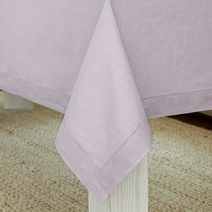Solino Home Lilac Linen Tablecloth 60 x 90 Inch - 100% Pure Linen Hemstitch Table Cloth for Rectangle Tables - Classic Hemstitch, Machine Washable Tablecloth for Fall, Autumn, Thanksgiving, Christmas