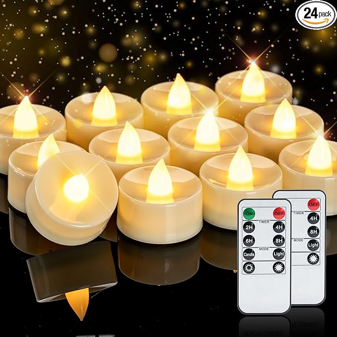 Homemory 24pcs Flameless LED Tea Lights with Remote & Timer, 400+Hours Realistic Flickering Battery Candles for Seasonal, Tabletop, and Centerpieces Decor