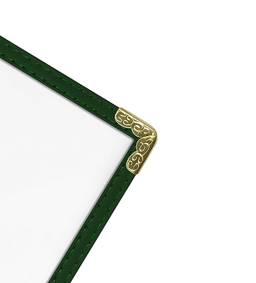 Goodsmart Restaurant Menu Covers – 25 Pack Green 2-View, Top-Loading Menu Holders, Vinyl & Plastic Café Menu Covers, Clear Menu Sleeves, Fits 5.5" x 8.5", Leather-Style Design, Gold Corners
