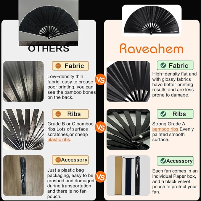 13" Large Rave Fan Bamboo, Folding Clack Hand Fans Foldable for Men Women, Boots on the Ground Poping Fan for EDM Festival Line Dance Decoration, (Black2, Large 13")