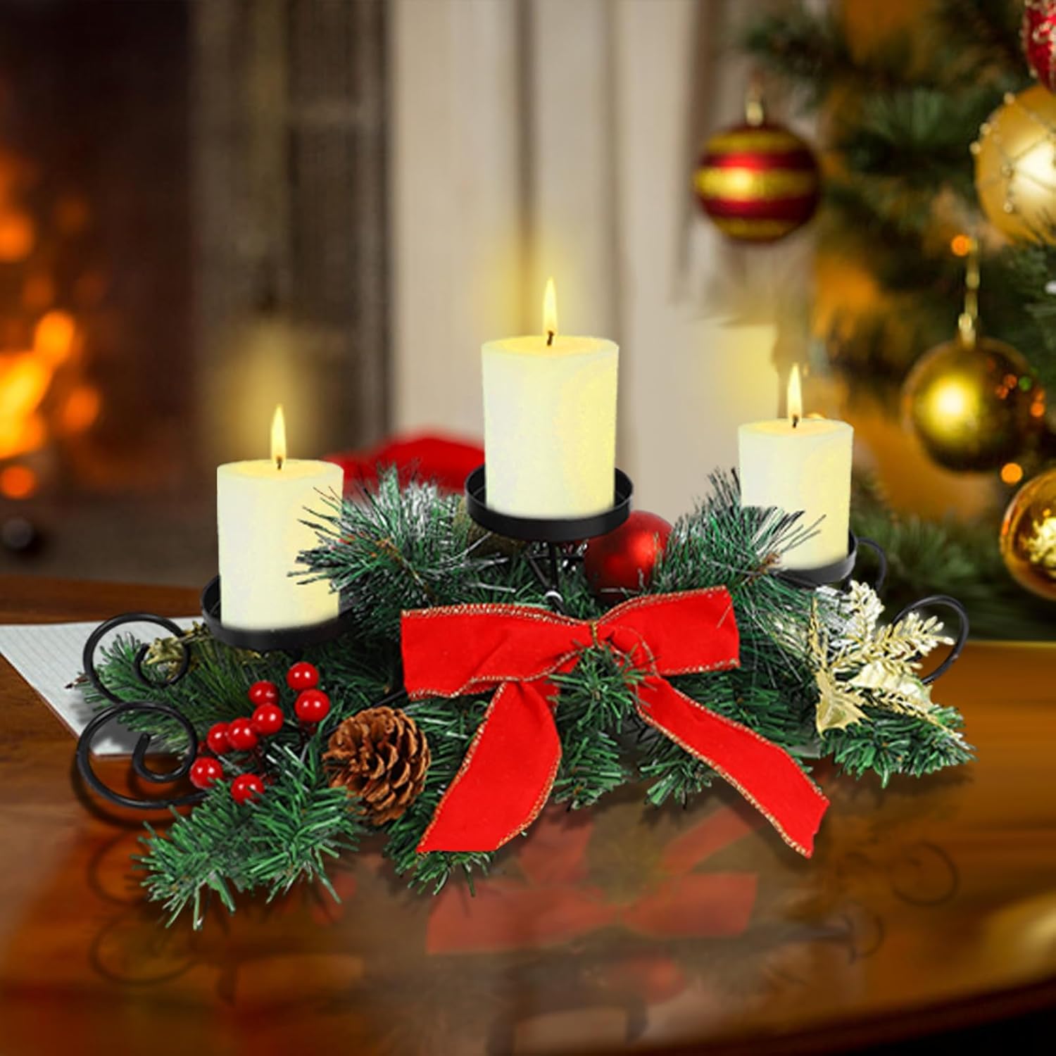 MorTime Christmas Candle Holder Centerpiece, Xmas Tabletop Decor with Red Bow Berries Pinecones, Table Centerpiece with Steel Base for Christmas Decoration