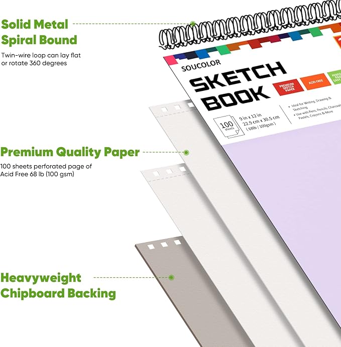 Soucolor 9" x 12" Sketch Book, Christmas Gifts for Women, Birthday Gifts for Women, Thank You Gifts, Stocking Stuffers, 2 Packs 100-Sheets Each (68lb/100gsm) Drawing Pad for Teens Girls
