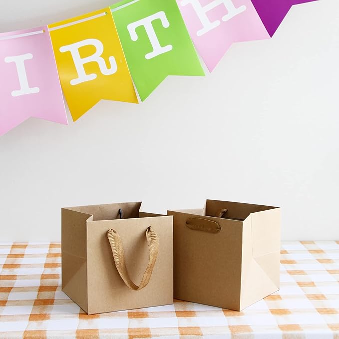 Kraft Paper Gift Bag Small Square Bottom Kraft Paper Bags with Handles (Natural Kraft, 6 x 6 x 6 in, 10 CT)