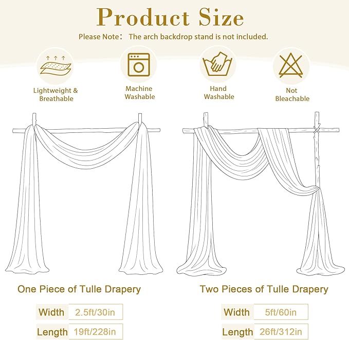 Wedding Arch Draping Fabric Backdrop 2 Panel 30" x 19Ft Champagne Drapes Curtains for Wedding Reception Sheer Tulle Backdrop Curtain for Ceremony Birthday Party Baby Shower Arbor Ceiling Decorations