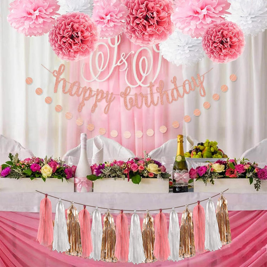 OuMuaMua Pink Rose Gold Birthday Party Decorations Set, Rose Gold Glittery Happy Birthday banner, Tissue Paper Pom, Circle Dots Garland and Tassel Garland for BDAY Party Decorations