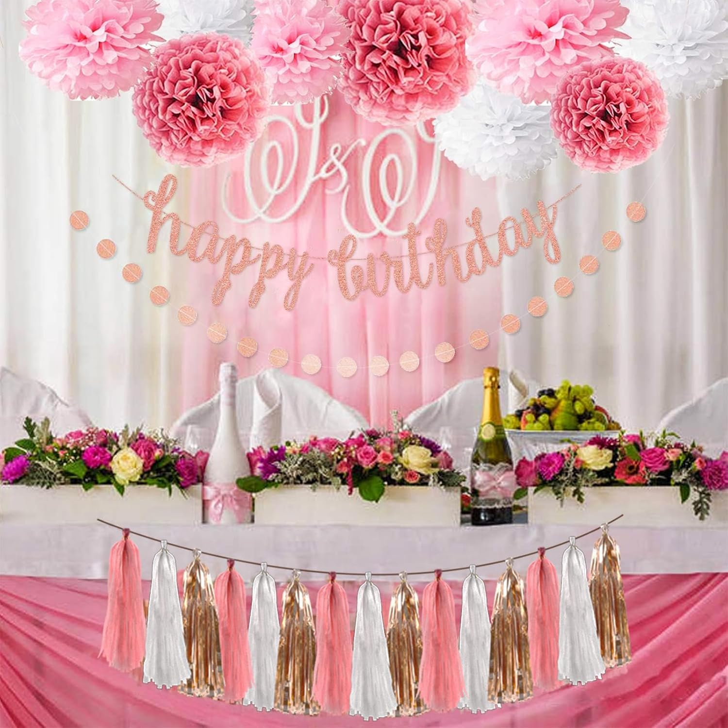 OuMuaMua Pink Rose Gold Birthday Party Decorations Set, Rose Gold Glittery Happy Birthday banner, Tissue Paper Pom, Circle Dots Garland and Tassel Garland for BDAY Party Decorations