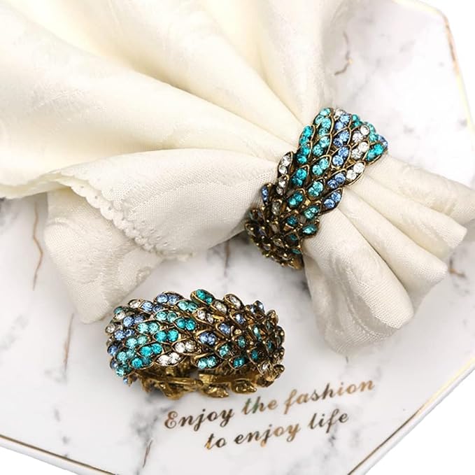 Jeweled Napkin Rings Set of 6 - Vintage Metal Crystal Rustic Peacock Napkin Ring Holders for Wedding Party Holiday, a Beautiful Dinner Table Décor (Multicolor)