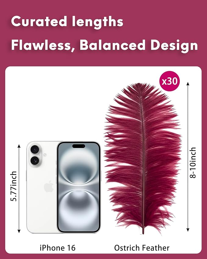 NEWONG 30pcs Wine red Ostrich Feathers Natural Bulk 8-10in（20-25cm） Vase Craft Wedding Home Party Centerpieces Christmas Day Decoration