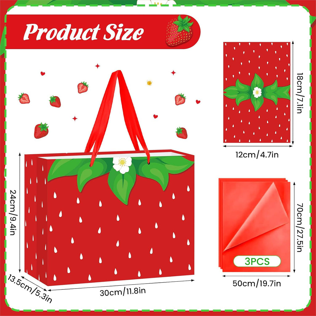 Yoirrat Strawberry Gift Bag Sweet Birthday Decorations Red Gift Wrapping Bag with Tissue Paper and Greeting Card for Strawberry Theme Baby Girl Baby Shower Birthday Party Supplies