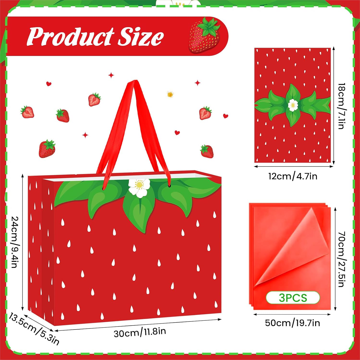 Yoirrat Strawberry Gift Bag Sweet Birthday Decorations Red Gift Wrapping Bag with Tissue Paper and Greeting Card for Strawberry Theme Baby Girl Baby Shower Birthday Party Supplies