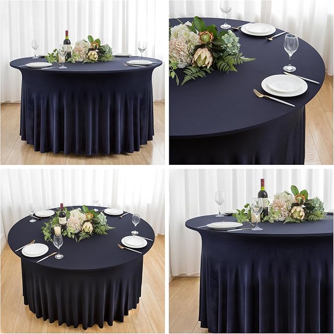 6 Pack Navy Blue Round Spandex Tablecloth 60 Inch, Wrinkle Free Stretch 120 Inch Fitted 5ft Navy Table Cloths Round Table Covers with Ruffle Skirt for Graduation Party Wedding Banquet