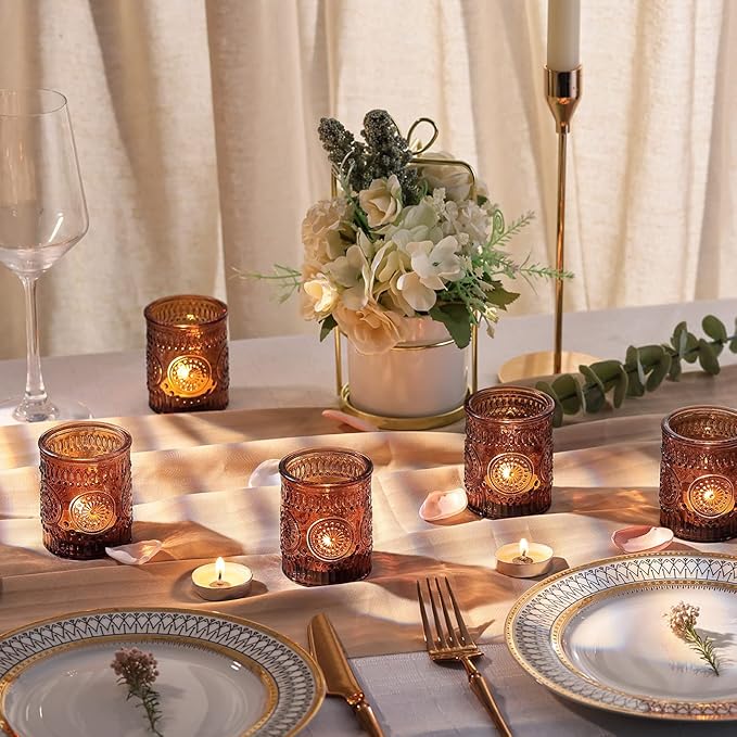 DARJEN Amber Votive Candle Holders Set of 36- Glass Candle Holders Bulk for Flameless LED Tea Waxes, Vintage Candle Holder for Wedding & Home Table Decor, Vintage Parties