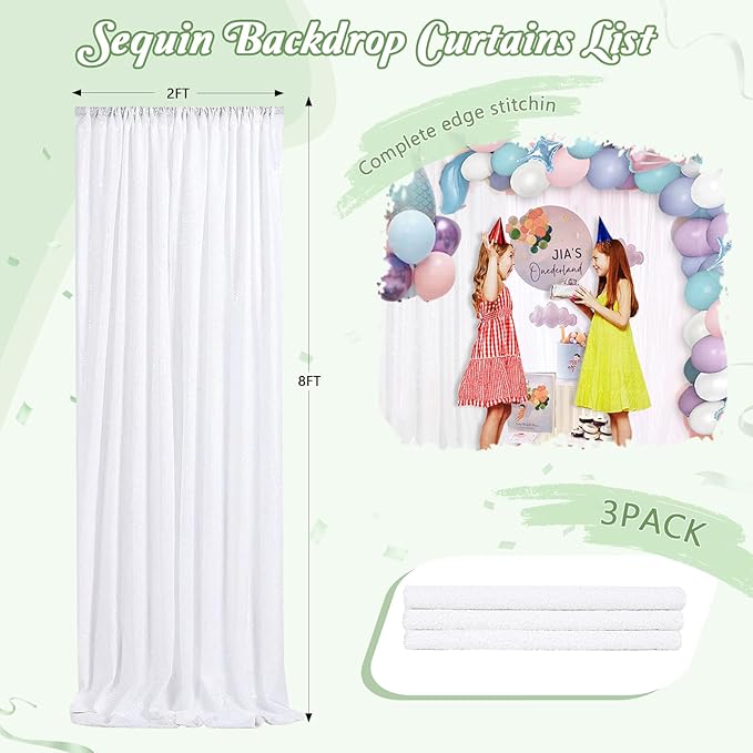 Sparkly Backdrop White Photo Backdground Curtain 3 Pack 2x8ft Sequin Fabric for Birthday Wedding Baby Shower Christmas Party Decorations