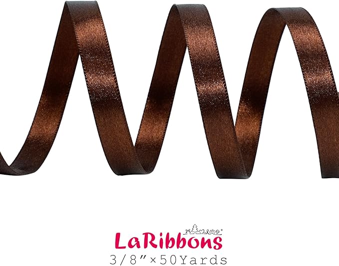 LaRibbons Brown Satin Ribbon 3/8 Inch 50 Yards Thin Luxury Double Faced Firar Brown Silk Ribbon for Flower Bouquet Crafts Gift Wrapping Wedding Christmas Decoration