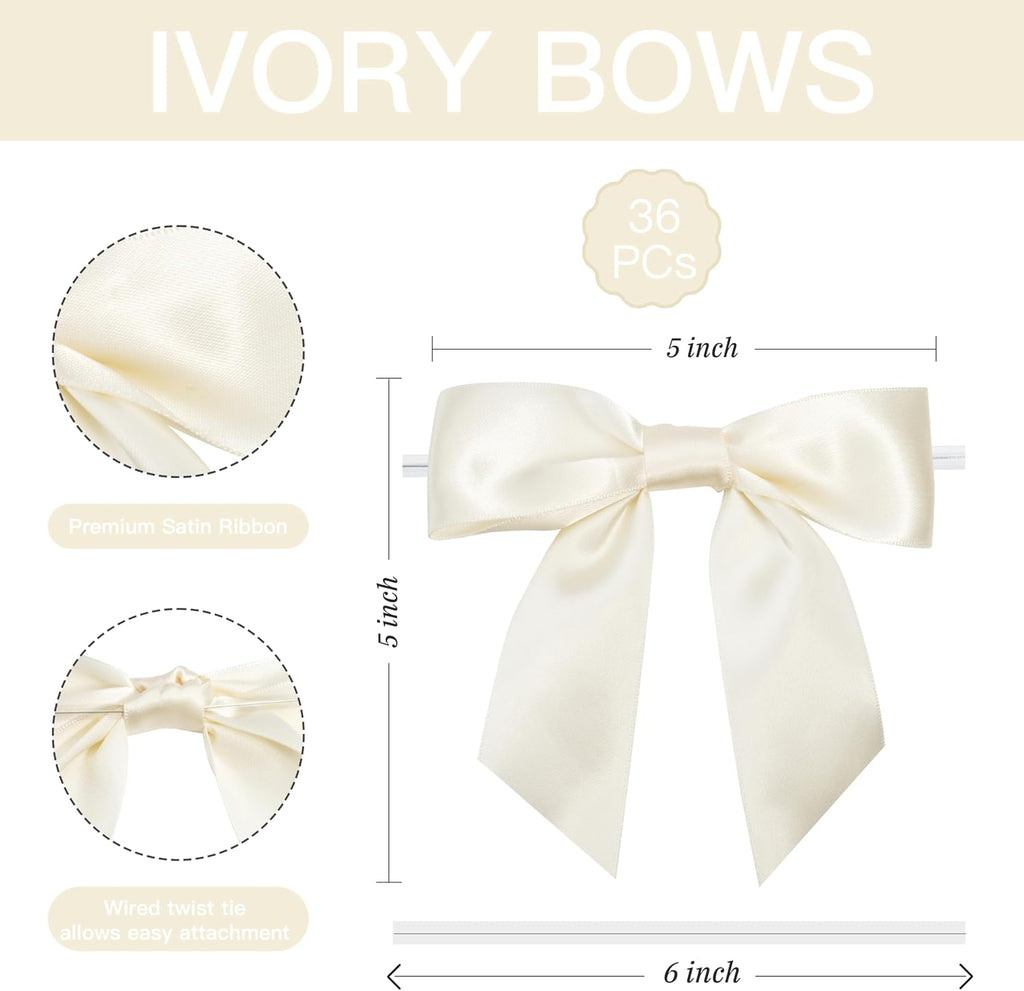 Ivory Satin Ribbon Twist Tie Bows 5 Inch Pre-Tied Ivory Gift Bows for Crafts, Treat Bags, Party Favors, Wedding, Baby Shower, Candy Apple, Christmas Tree (36 Pack)