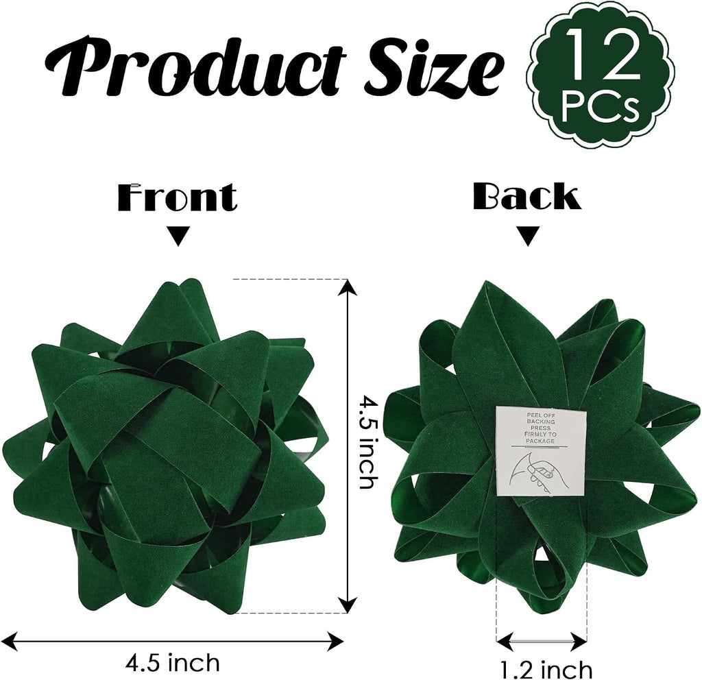 4.5 Inch Green Velvet Ribbon Gift Bow Decorative Bows, Premade Christmas Bows for Gift Wrapping Self Adhesive, Wrapping Bows for Presents, Party Favor, Holiday, Wedding, Birthday-12 Counts