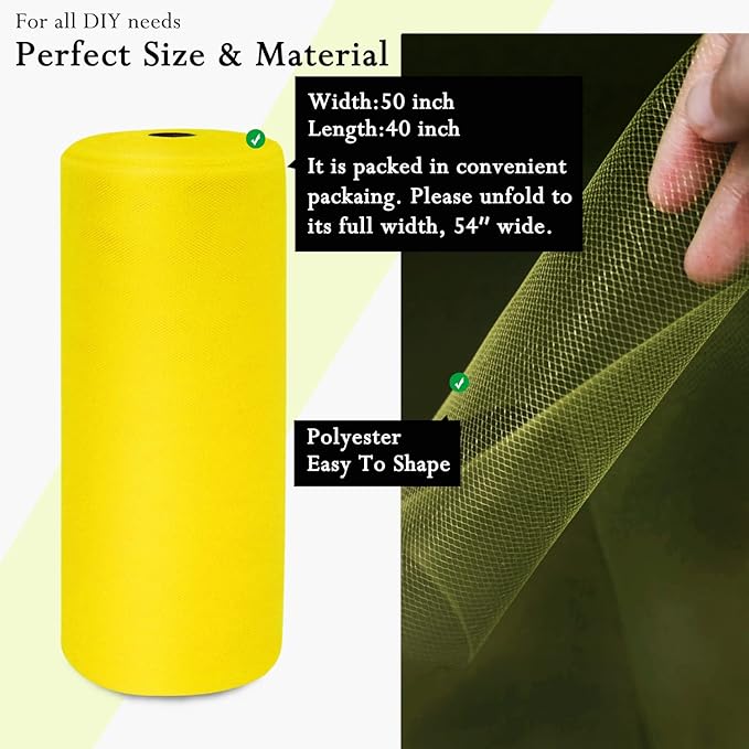 Yellow Tulle Fabric Rolls 54 Inch by 40 Yards Tulle Bolt Spool for Wedding Decorations DIY Tutu Baby Shower Table Skirt Ceiling Decor Birthday Party Craft Supplies