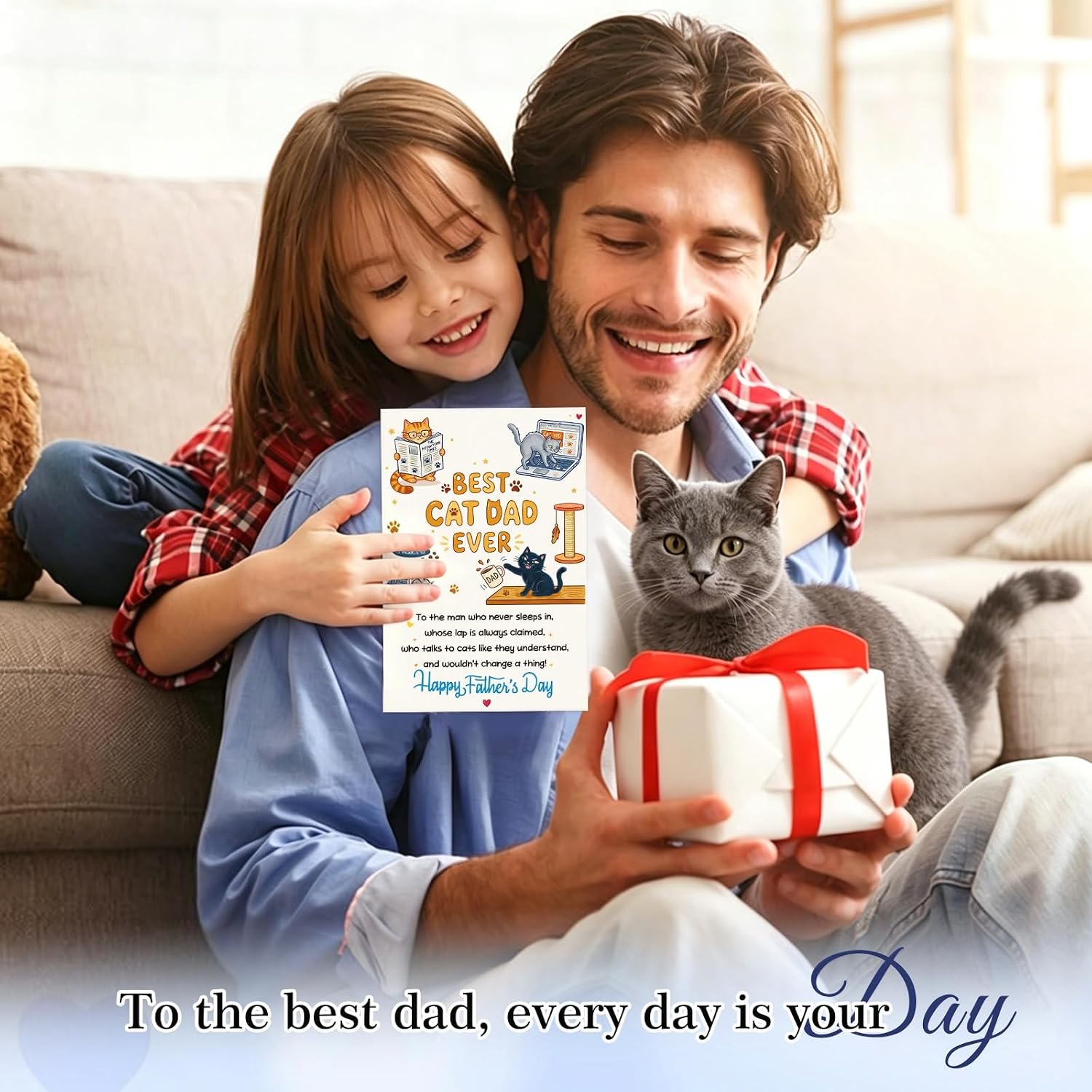 FaCraft Funny Fathers Day Card from Cat - 8x5.5 Best Cat Dad Ever Humorous Happy Fathers Day Card for Husband, Grandpa - Unique Pet Parent Gift Set with Envelope, Seal from Daughter Son