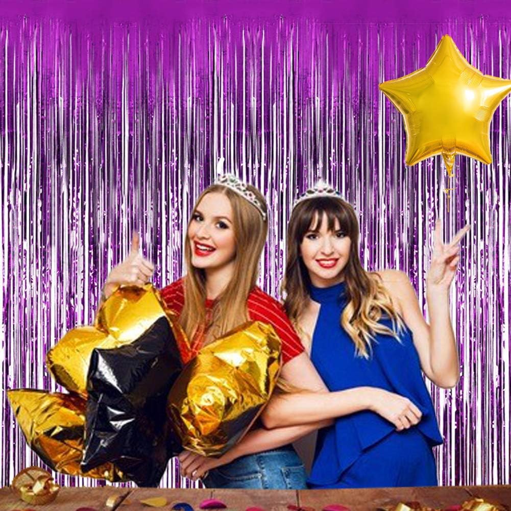 3pc Purple Tinsel Foil Fringe Curtain Backdrop for Mardi Gras Mermaid Under The Sea Themed Wedding Bridal Shower Engagement Graduation Birthday Halloween Party Decorations