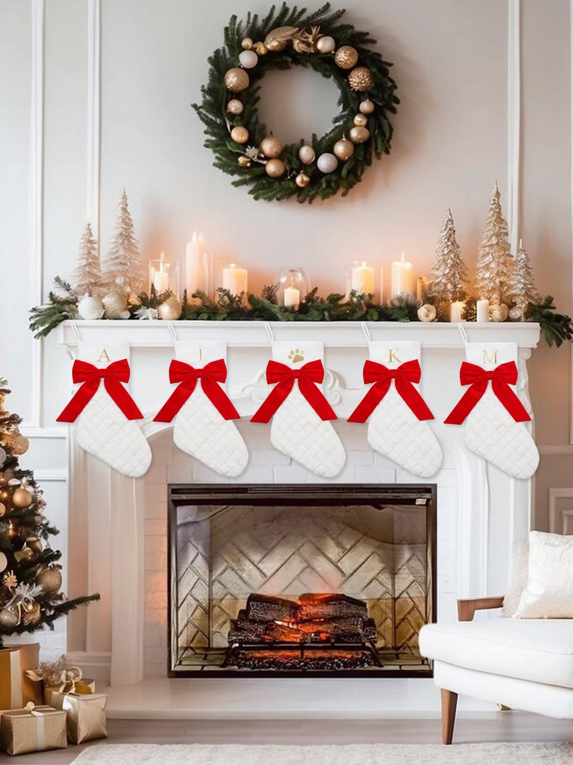 Personalized Christmas Stockings 20 Inch Large, White Xmas Stocking with Gold Embroidered Initial and Red Bow, for Christmas Tree Fireplace Holiday Decor (M)