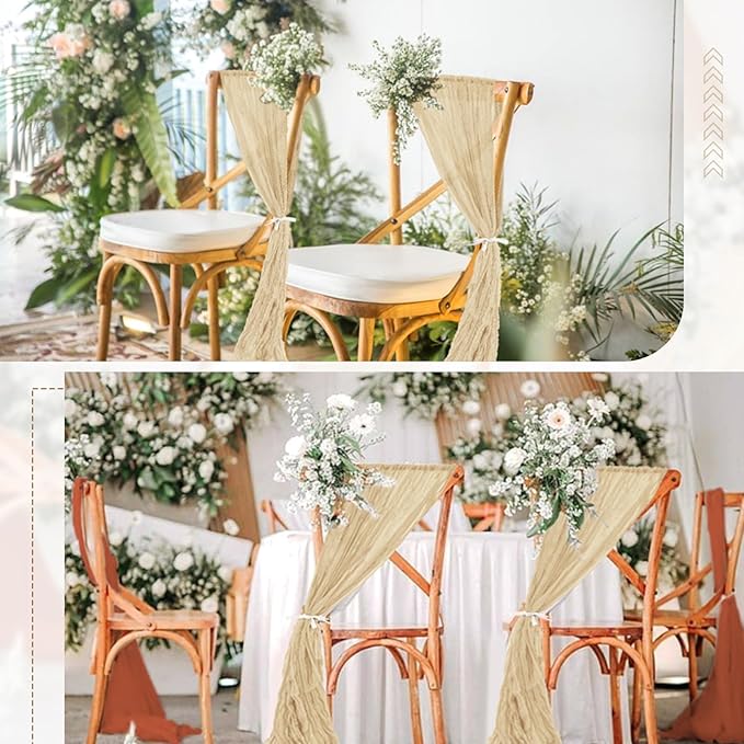 50 PCS Cheesecloth Chair Sashes Bows Wedding Aisle Decorations Chair Ribbon Ties Back Sash for Wedding Party Events Banquet Chair Cover Decoration (Beige)