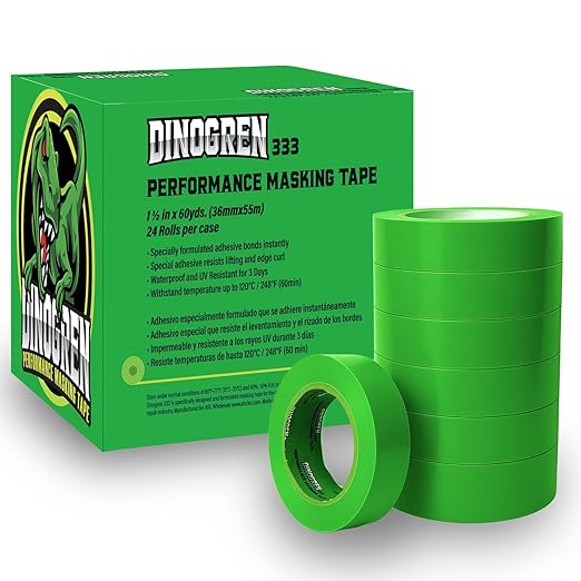 DINOGREN High Performance Automotive Masking Tape – 1.5 Inch x 60 Yards (24 Rolls) – Green Tape for Car Paint, Auto Body, Heat & Water Resistant, Clean Removal, Industrial-Grade Multipurpose Adhesive