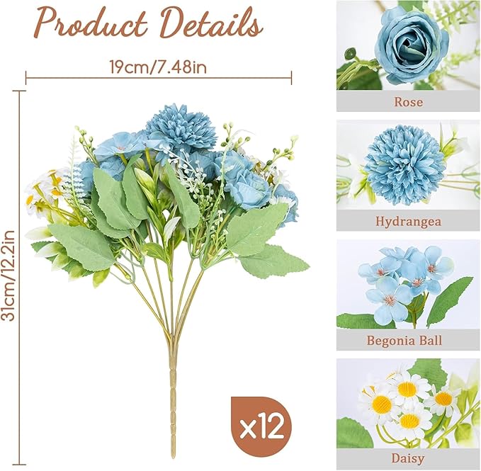 12 Bundles Artificial Flowers Blue Fake Rose Flower Mixed Chrysanthemum Hydrangea Flower Arrangements for DIY Wedding Table Centerpieces Party Baby Shower Home Decorations